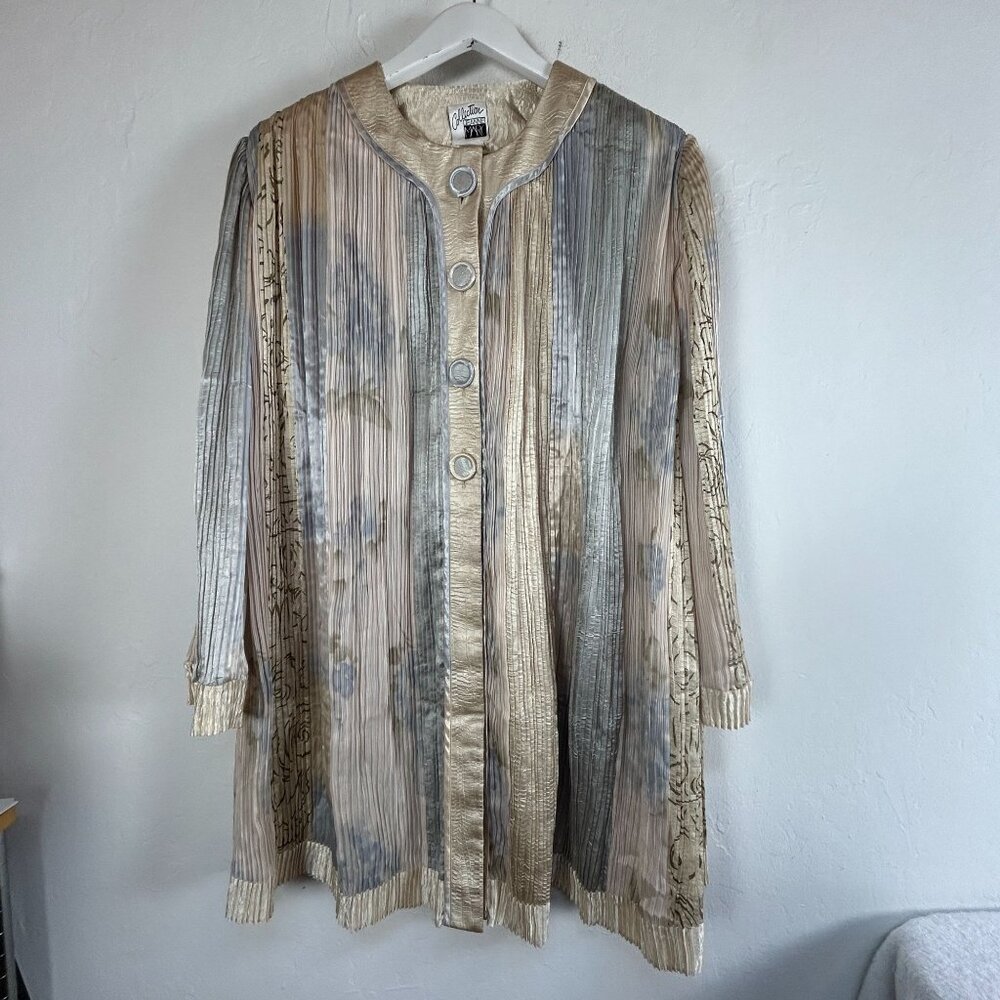 Vintage Jeanne Marc Collection Womens Pleated Jacket Metallic Floral Cream Blue
